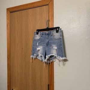 Black Label by C'est Toi Small Blue Distressed Denim Shorts w/Raw Hem - EUC